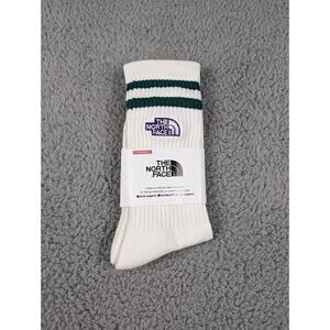The North Face Crew Socks Mens Large 9-11 White Green Striped Embroidered Logo